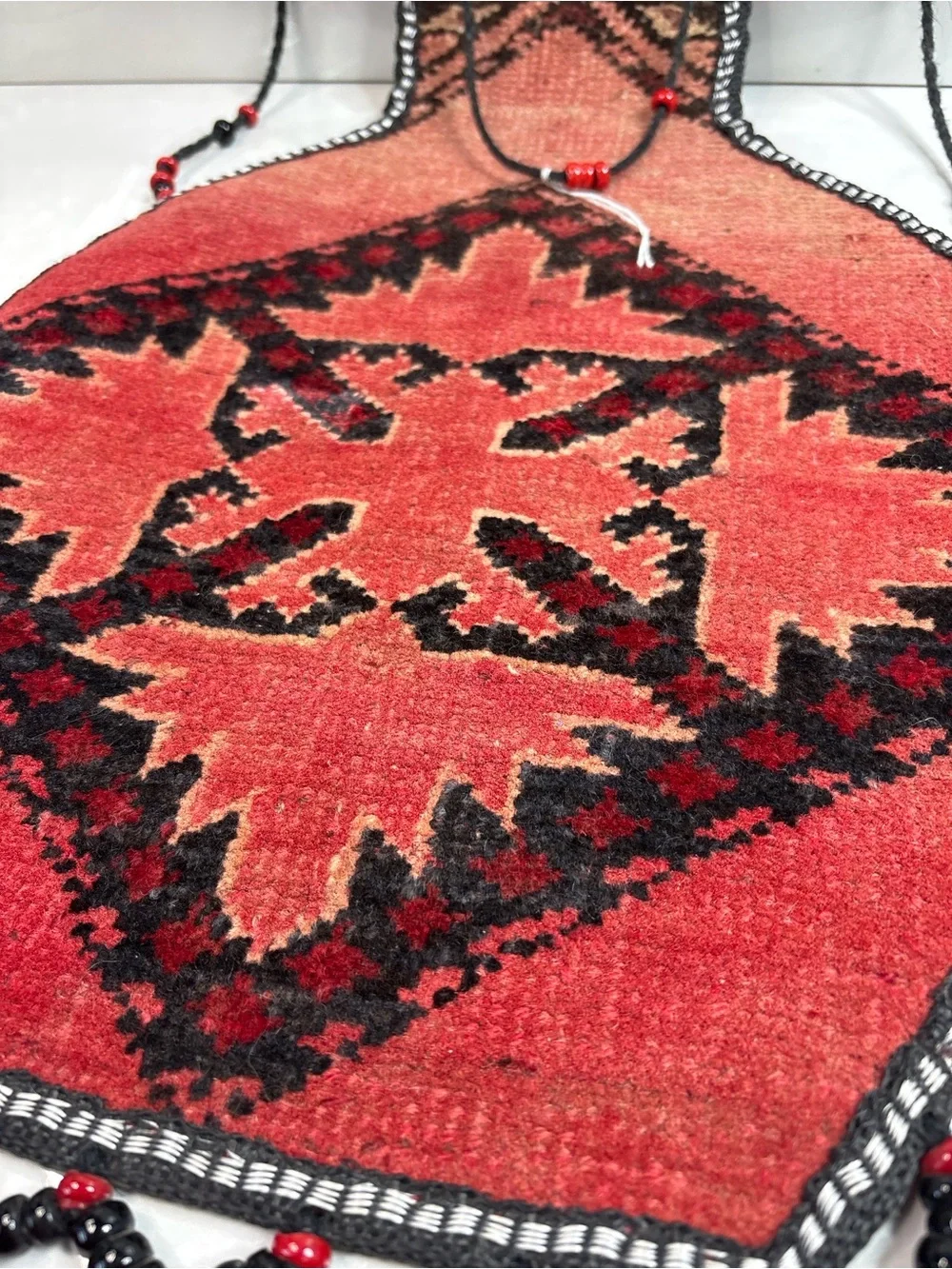 Vintage Tribal Textile Wall Hanging w/ Tassels & Beads – 32” x 14” Boho Decor